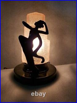 Vintage Sarsaparilla Dancing Nymph Art Deco Table Lamp with Pink Skyscraper Shade