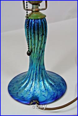 Vintage Signed Lundberg Studios Art Glass Lamp Base Iridescent Blue 14 Finial
