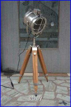 Vintage Spotlight Floor Lamp With Wooden Tripod Searchlight Chrome Home Decor