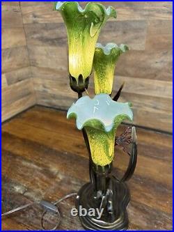 Vintage Tiffany Style Luminarie Table Lamp Green Tulips With Butterfly ONE FLAW