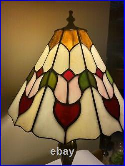 Vintage Tiffany Style Rose Flower Stained Glass Brass Art Deco Desk Lamp