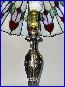 Vintage Tiffany Style Rose Flower Stained Glass Brass Art Deco Desk Lamp