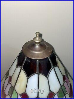 Vintage Tiffany Style Rose Flower Stained Glass Brass Art Deco Desk Lamp