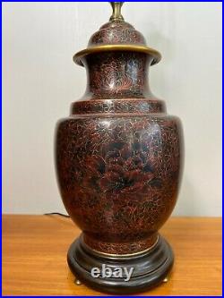 Vintage Wildwood Cloisonne Enamel on Copper Burgundy Floral Urn Vase Table Lamp