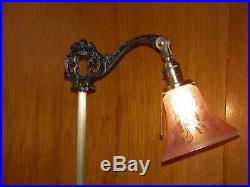 Vintage, brass/cast iron, ART DECO, Bridge arm Floor lamp with glass shade. 55T