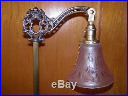 Vintage, brass/cast iron, ART DECO, Bridge arm Floor lamp with glass shade. 55T