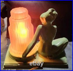 Vintage frankart Style Art Deco Nymph Lamp Original Patina. Cobalt Blue And Pink