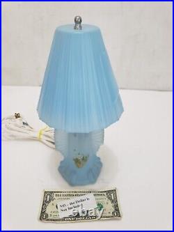 Vitnage Blue Glass 12 Table Lamp with Glass Shade 1920s 1930s Art Deco Floral