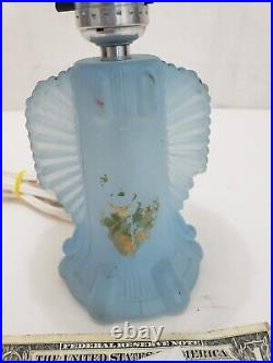 Vitnage Blue Glass 12 Table Lamp with Glass Shade 1920s 1930s Art Deco Floral