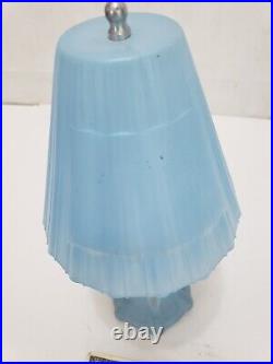 Vitnage Blue Glass 12 Table Lamp with Glass Shade 1920s 1930s Art Deco Floral