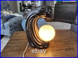 Vtg 1980's Art Deco Lamp Black Ceramic Woman's Face Hair Waterfall Sculpture