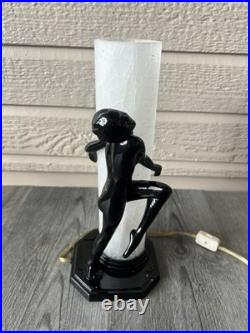 Vtg 1980s Art Deco Gloss Black Nude Woman Figure Glass Lamp