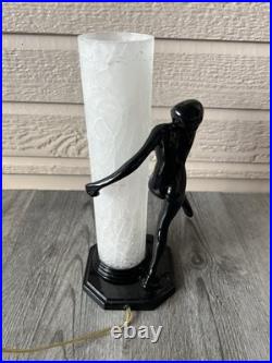 Vtg 1980s Art Deco Gloss Black Nude Woman Figure Glass Lamp