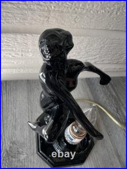 Vtg 1980s Art Deco Gloss Black Nude Woman Figure Glass Lamp