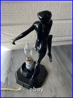 Vtg 1980s Art Deco Gloss Black Nude Woman Figure Glass Lamp