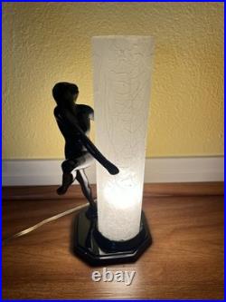 Vtg 1980s Art Deco Gloss Black Nude Woman Figure Glass Lamp