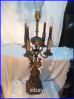 Vtg 20's Brass metal Marble Base Art Deco Candelabra Cherub Babies Candle Lamp