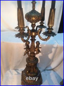 Vtg 20's Brass metal Marble Base Art Deco Candelabra Cherub Babies Candle Lamp