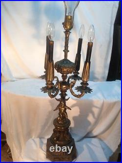 Vtg 20's Brass metal Marble Base Art Deco Candelabra Cherub Babies Candle Lamp