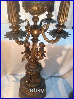 Vtg 20's Brass metal Marble Base Art Deco Candelabra Cherub Babies Candle Lamp