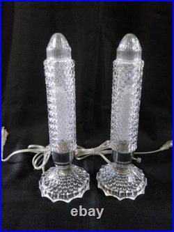 Vtg 30's Art Deco PAIR Clear Glass Skyscraper Torpedo Night Stand Boudoir Lamps