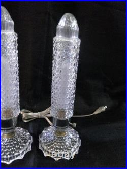 Vtg 30's Art Deco PAIR Clear Glass Skyscraper Torpedo Night Stand Boudoir Lamps