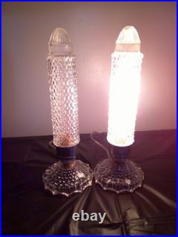Vtg 30's Art Deco PAIR Clear Glass Skyscraper Torpedo Night Stand Boudoir Lamps