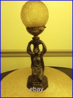Vtg ART DECO Egyptian Revival Bronzed Spelter Figural Lamp With Globe Brain Shade
