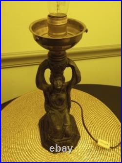 Vtg ART DECO Egyptian Revival Bronzed Spelter Figural Lamp With Globe Brain Shade