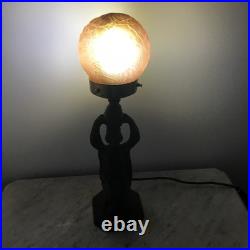 Vtg ART DECO Egyptian Revival Bronzed Spelter Figural Lamp With Globe Brain Shade