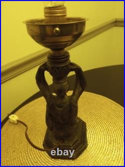Vtg ART DECO Egyptian Revival Bronzed Spelter Figural Lamp With Globe Brain Shade