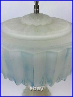 Vtg Antique Art Deco Boudoir Table Lamp Frosted Glass Airbrushed Blue Accents