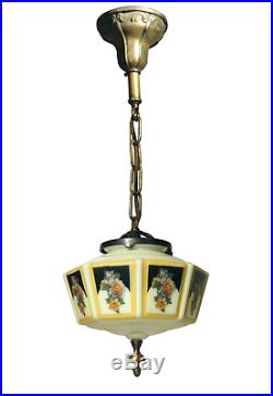 Vtg Antique Art Deco Ceiling Fixture Chandelier Lamp Vaseline Glass Pendant