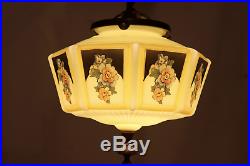 Vtg Antique Art Deco Ceiling Fixture Chandelier Lamp Vaseline Glass Pendant