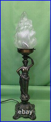 Vtg Antique Art Deco Figural Lady Cast Table Lamp with Flame Shade