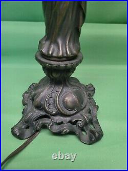 Vtg Antique Art Deco Figural Lady Cast Table Lamp with Flame Shade