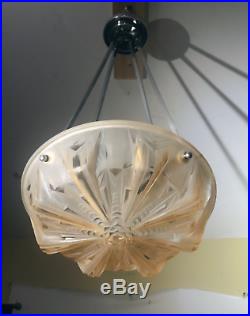Vtg Antique Art Deco Glass Chandelier Chrome French Bowl Ceiling Fixture 3 Lamp