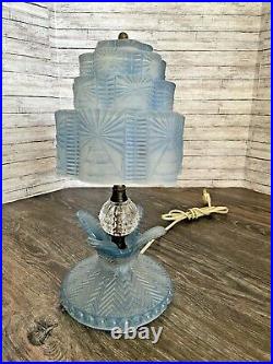 Vtg Art Deco Blue Frosted Glass Tiered Skyscraper Boudoir Table Night Lamp Light
