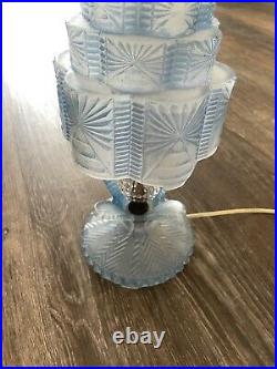 Vtg Art Deco Blue Frosted Glass Tiered Skyscraper Boudoir Table Night Lamp Light