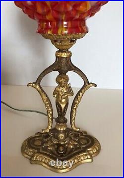 Vtg Art Deco Bronze & Gold Figural Table Lamp End of Day Starburst Glass Globe