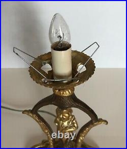 Vtg Art Deco Bronze & Gold Figural Table Lamp End of Day Starburst Glass Globe