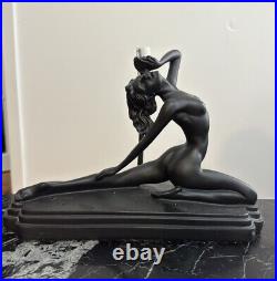 Vtg Art Deco Cast Metal Nymph Lamp Nude Splits Armor Black Frankart 1930s