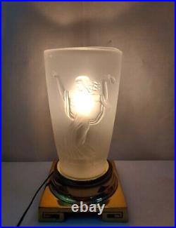 Vtg Art Deco Frosted Glass Lalique Type Table Lamp Woman Harvesting & Dancing