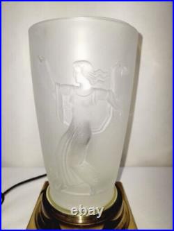 Vtg Art Deco Frosted Glass Lalique Type Table Lamp Woman Harvesting & Dancing