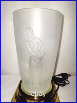 Vtg Art Deco Frosted Glass Lalique Type Table Lamp Woman Harvesting & Dancing