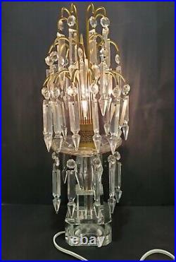 Vtg Art Deco HOLLYWOOD REGENCY Crystal Glass Prisms WATERFALL 4-TIER Table Lamp