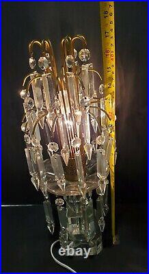 Vtg Art Deco HOLLYWOOD REGENCY Crystal Glass Prisms WATERFALL 4-TIER Table Lamp