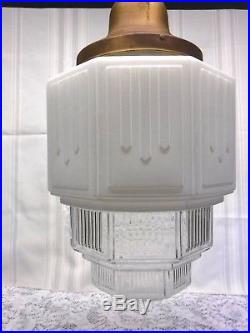 Vtg Art Deco Hanging Skyscraper Pendant Church Light Globe Milkglass Fixture