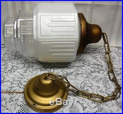 Vtg Art Deco Hanging Skyscraper Pendant Church Light Globe Milkglass Fixture