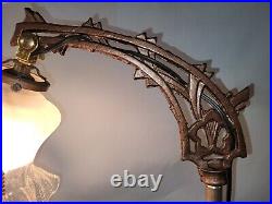 Vtg Art Deco Hook Bridge Arm Floor Lamp Agate Ruffled Shade Pull Chain